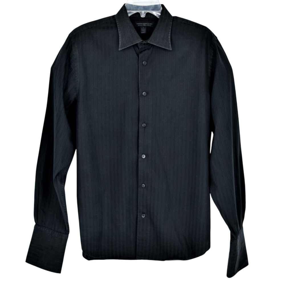 Express Design Studio Mens L Dress Shirt Black Shadow Stripe French Cuff Cotton